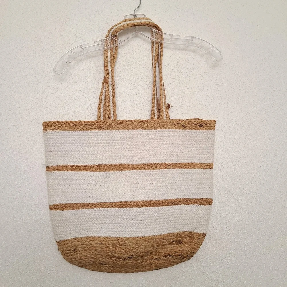 Chloe & Lex Cotton Jute White Striped Beach Tote Large Coastal Grandma Minimal - Picture 4 of 6